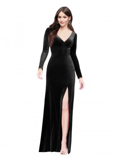 Long Long Sleeves Stretch Velvet Black Column Prom Dress Canada Online