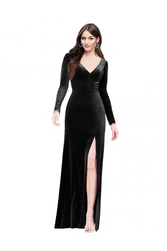 Long Long Sleeves Stretch Velvet Black Column Prom Dress Canada Online