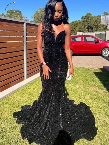 Long Sleeveless Velvet Sequin Black Mermaid Prom Dress Canada Online