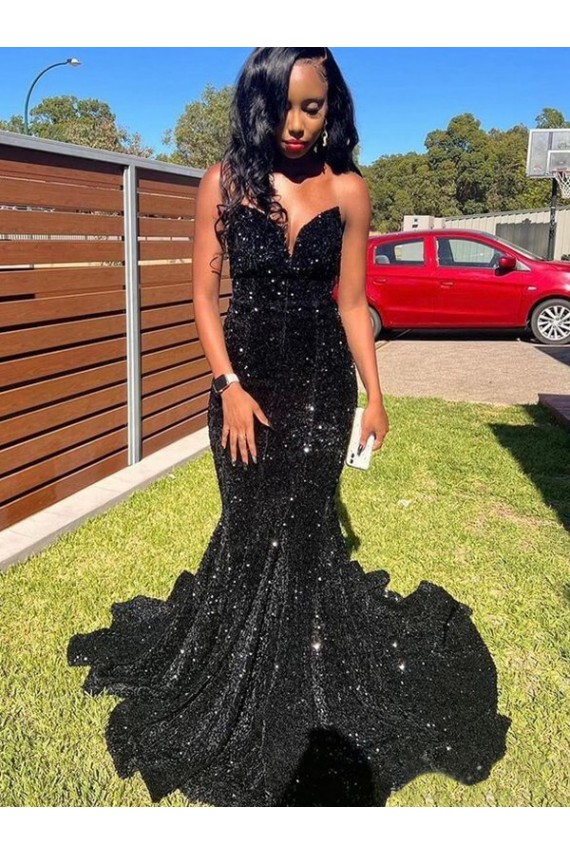 Long Sleeveless Velvet Sequin Black Mermaid Prom Dress Canada Online