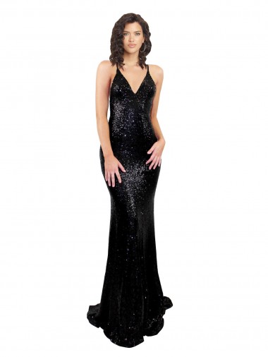 Long Sleeveless Sequin Black Mermaid Black Tie Prom Dress Canada Online