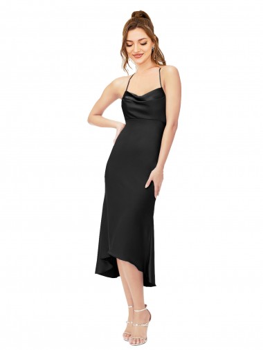 Midi Length Sleeveless Silky Satin Black Sheath High Low Prom Dress Canada Online