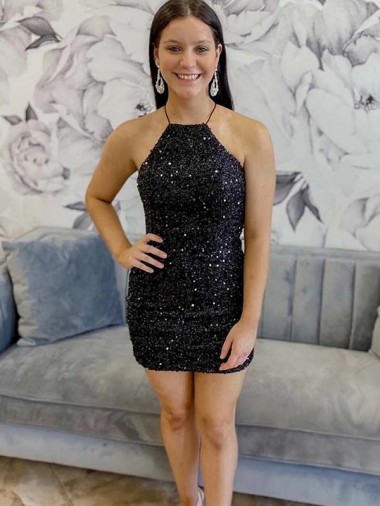 Short Sleeveless Velvet Sequin Black Sheath Prom Dress Canada Online