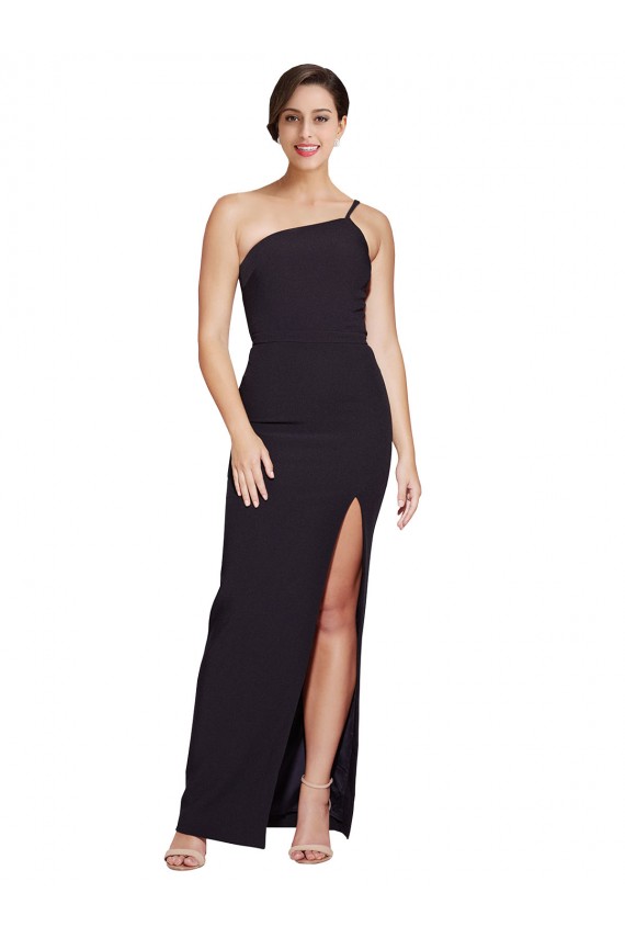 Long Sleeveless Stretch Crepe Black Sheath One Shoulder Prom Dress Canada Online