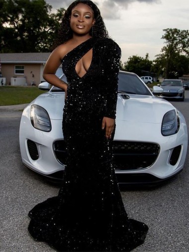 Sweep Train Long Sleeves Velvet Sequin Black One Shoulder Sheath Prom Dress Canada Online