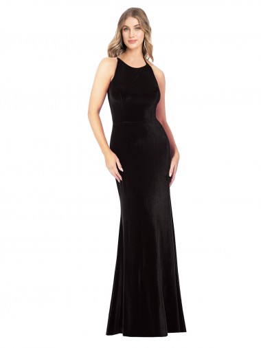 Long Sleeveless Stretch Velvet Black Spaghetti Straps Sheath Prom Dress Canada Online
