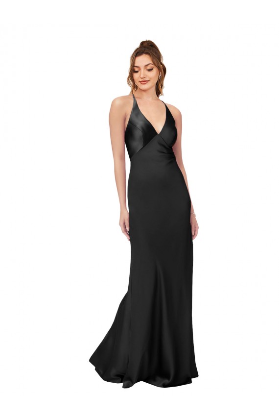 Long Sleeveless Silky Satin Black Sheath Black Tie Prom Dress Canada Online