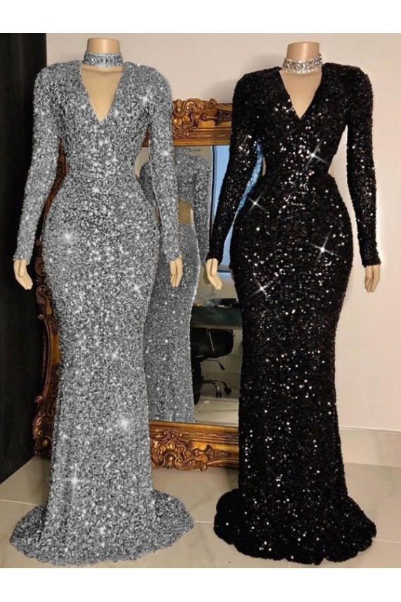 Sweep Train Long Sleeves Velvet Sequin Black Sheath Prom Dress Canada Online