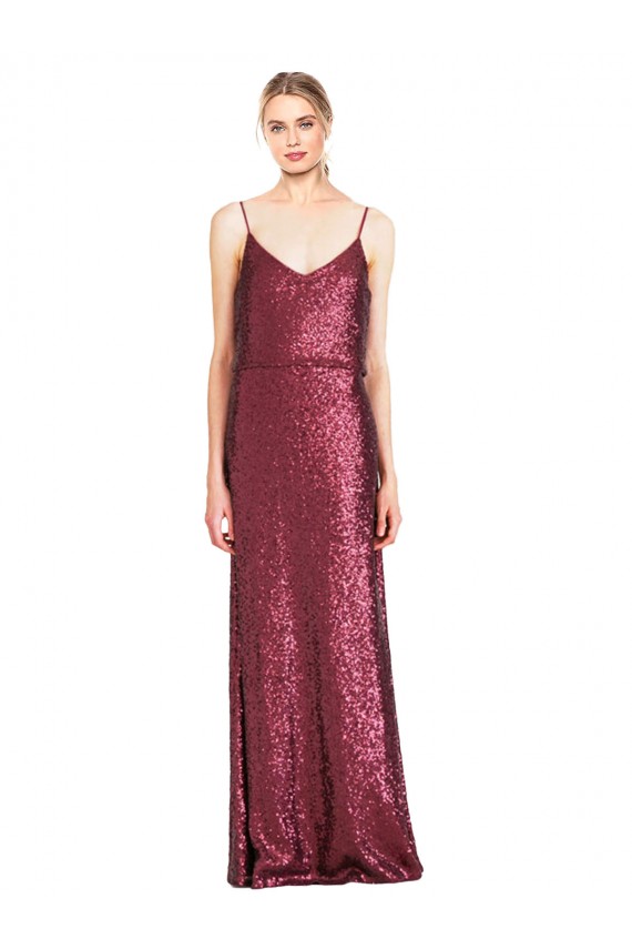Long Sleeveless Sequin Burgundy A-Line Prom Dress Canada Online