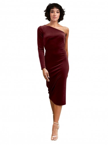 Midi Length Long Sleeves Stretch Velvet Burgundy A-Line Black Tie Prom Dress Canada Online
