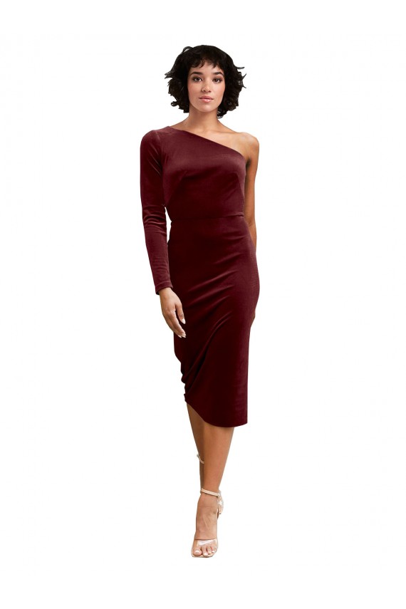 Midi Length Long Sleeves Stretch Velvet Burgundy A-Line Black Tie Prom Dress Canada Online