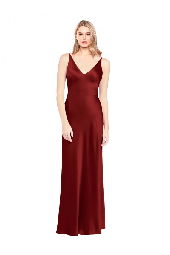 Long Sleeveless Stretch Satin Burgundy A-Line V-Back Prom Dress Canada Online