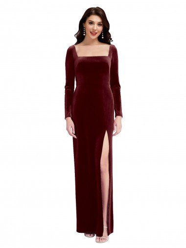Long Long Sleeves Stretch Velvet Burgundy A-Line Prom Dress Canada Online