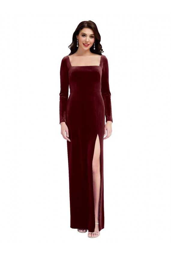 Long Long Sleeves Stretch Velvet Burgundy A-Line Prom Dress Canada Online