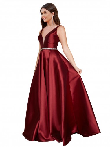 Long Sleeveless Satin Burgundy A-Line Plus Size Formal Prom Dress Canada Online