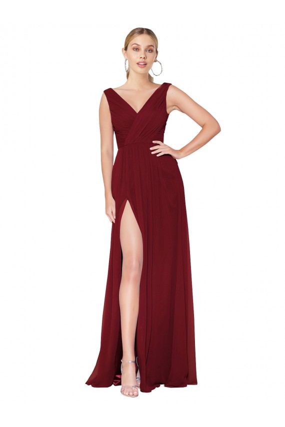 Long Sleeveless Soft Chiffon Burgundy A-Line Black Tie Prom Dress Canada Online