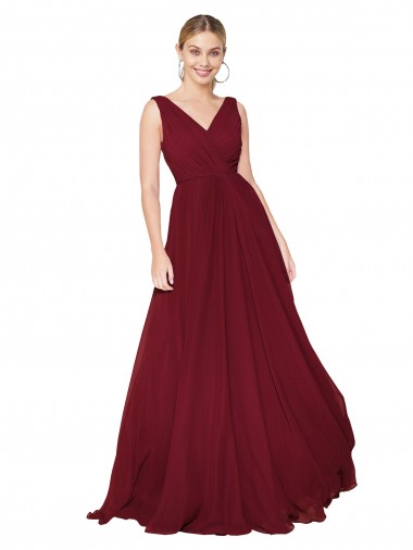 Long Sleeveless Soft Chiffon Burgundy V-Neck A-Line Prom Dresses Canada Online