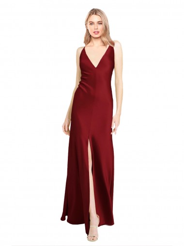 Long Sleeveless Stretch Satin Burgundy V-Neck A-Line Black Tie Prom Dress Canada Online