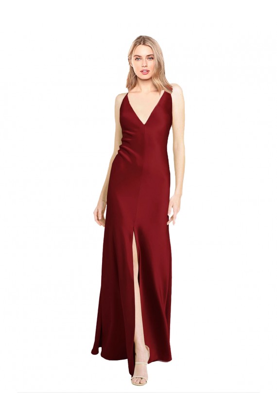 Long Sleeveless Stretch Satin Burgundy V-Neck A-Line Black Tie Prom Dress Canada Online