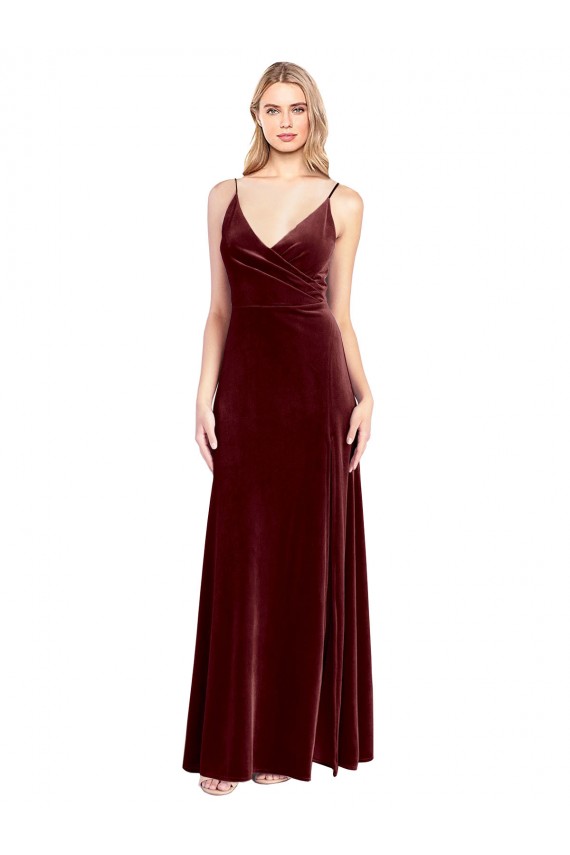 Long Sleeveless Stretch Velvet Burgundy A-Line Black Tie Prom Dress Canada Online