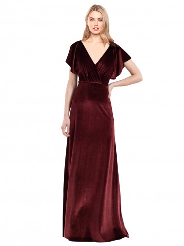 Long Flutter Sleeves Stretch Velvet Burgundy A-Line V-Back Prom Dress Canada Online
