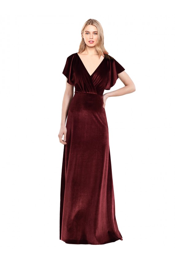 Long Flutter Sleeves Stretch Velvet Burgundy A-Line V-Back Prom Dress Canada Online