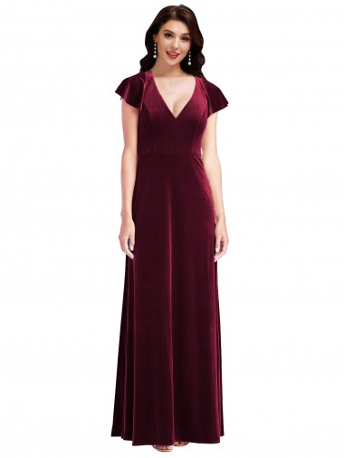 Long Flutter Sleeves Stretch Velvet Burgundy A-Line Prom Dress Canada Online