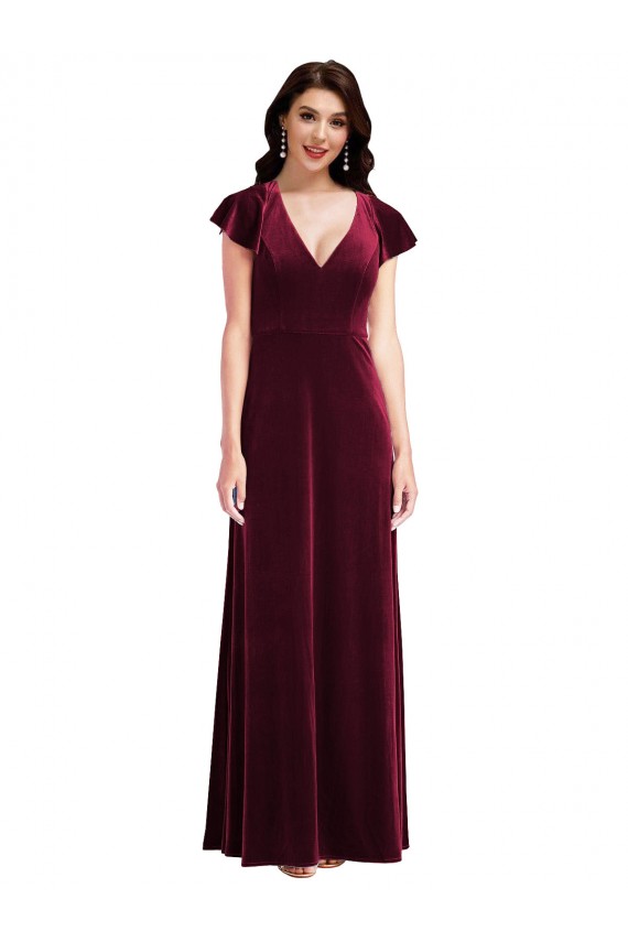 Long Flutter Sleeves Stretch Velvet Burgundy A-Line Prom Dress Canada Online