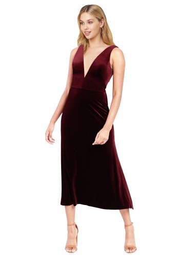 Midi Length Sleeveless Stretch Velvet Burgundy A-Line Prom Dress Canada Online