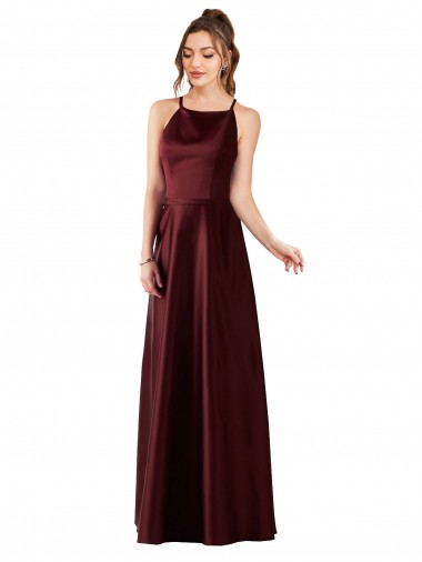 Long Sleeveless Satin Burgundy Gold A-Line Prom Dress Canada Online
