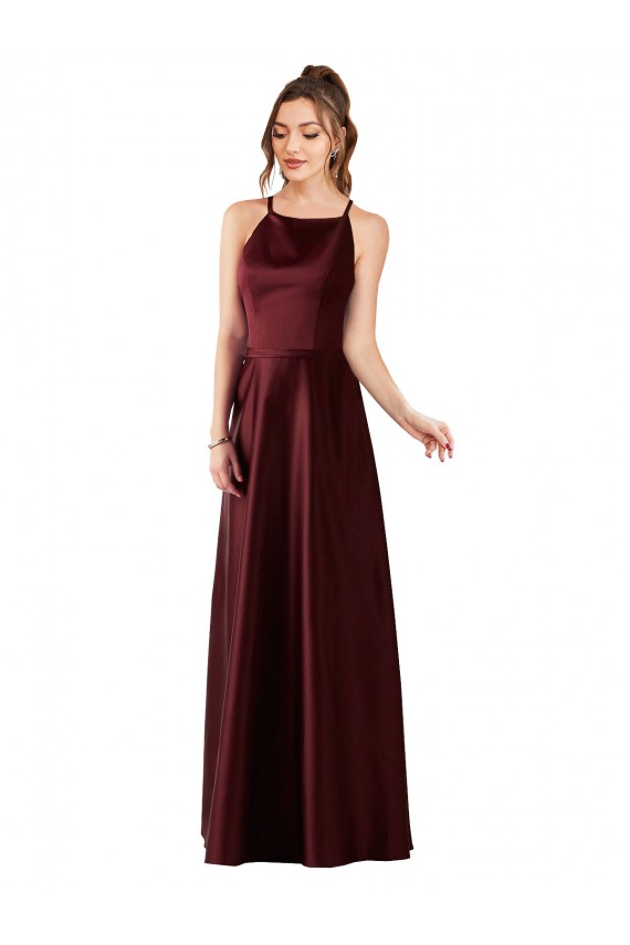 Long Sleeveless Satin Burgundy Gold A-Line Prom Dress Canada Online
