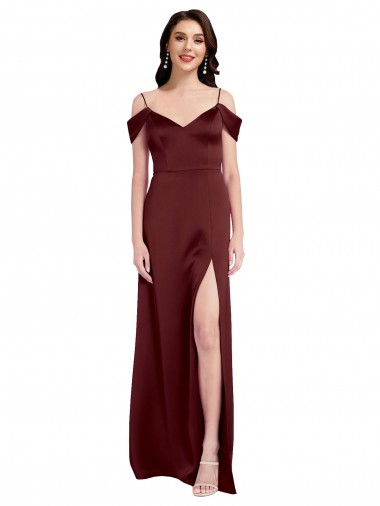 Long Sleeveless Stretch Satin Burgundy Gold A-Line Off the Shoulder Prom Dress Canada Online