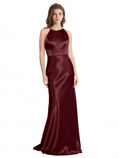 Long Sleeveless Stretch Satin Burgundy Gold A-Line Prom Dress Canada Online