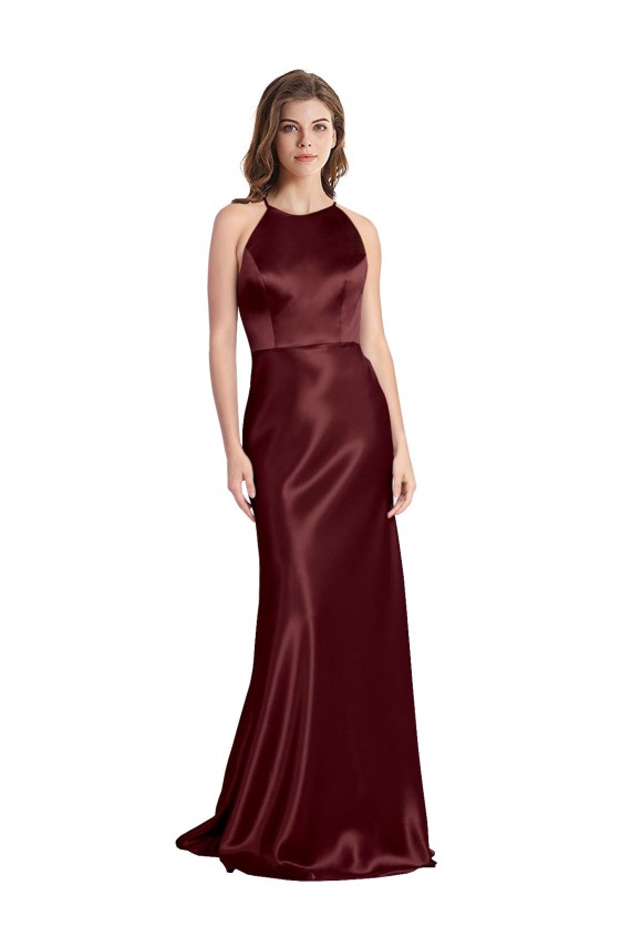 Long Sleeveless Stretch Satin Burgundy Gold A-Line Prom Dress Canada Online