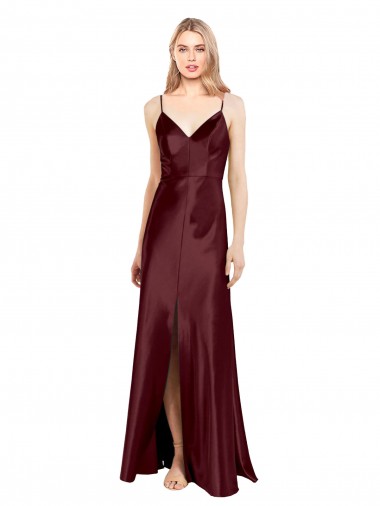 Long Sleeveless Stretch Satin Burgundy Gold A-Line V-Neck Prom Dress Canada Online