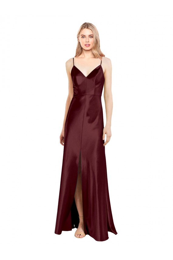 Long Sleeveless Stretch Satin Burgundy Gold A-Line V-Neck Prom Dress Canada Online