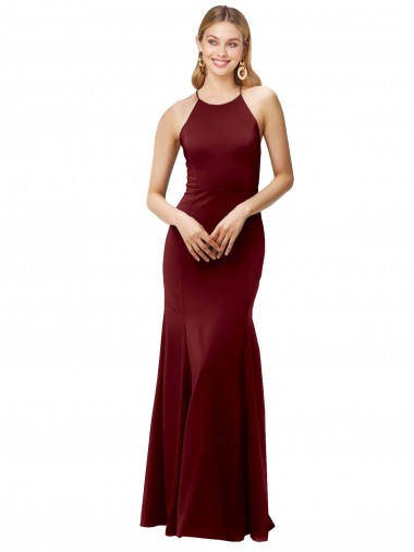 Long Sleeveless Stretch Crepe Burgundy Gold Mermaid Open Back Prom Dress Canada Online