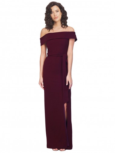 Long Sleeveless Stretch Crepe Burgundy Gold Sheath Low Back Prom Dress Canada Online