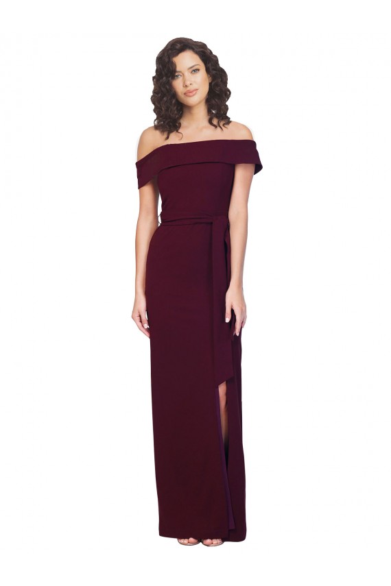 Long Sleeveless Stretch Crepe Burgundy Gold Sheath Low Back Prom Dress Canada Online