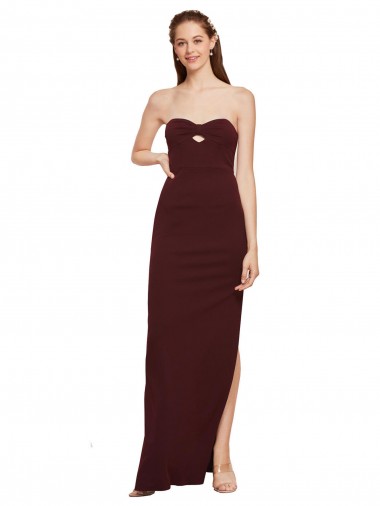 Long Sleeveless Stretch Crepe Burgundy Gold Strapless Sheath Prom Dress Canada Online
