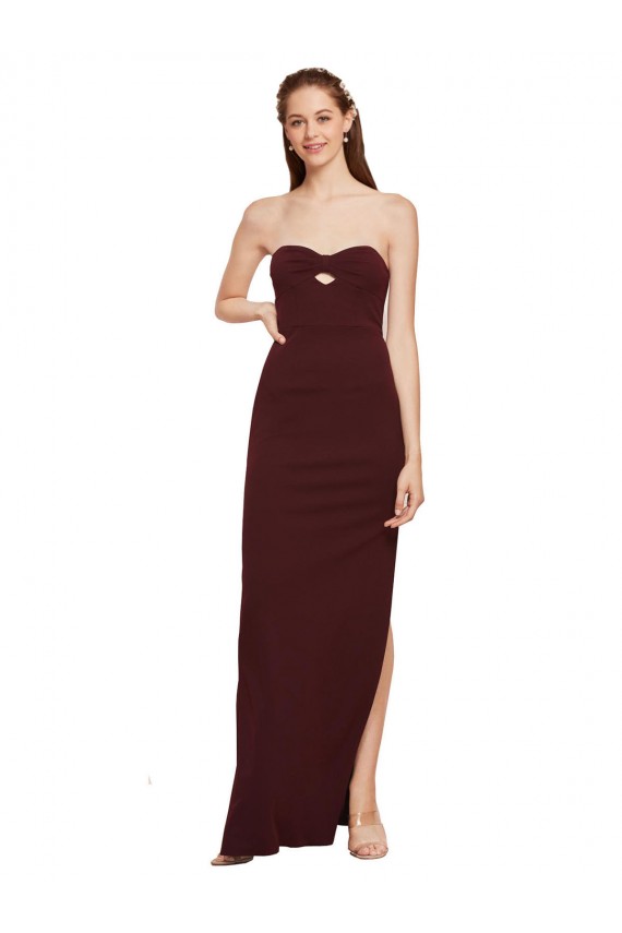 Long Sleeveless Stretch Crepe Burgundy Gold Strapless Sheath Prom Dress Canada Online