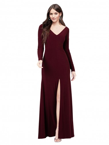 Long Long Sleeves Spandex Burgundy Gold Sheath Prom Dress Canada Online