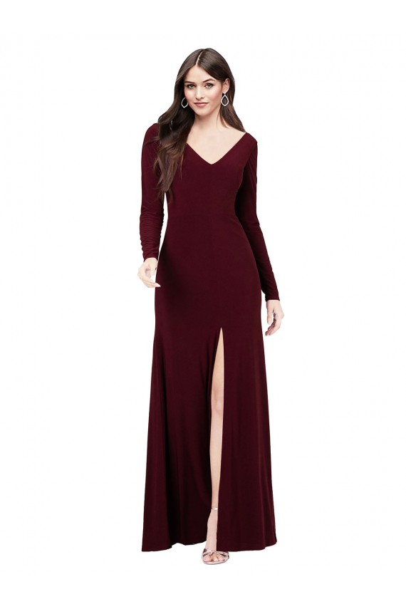 Long Long Sleeves Spandex Burgundy Gold Sheath Prom Dress Canada Online