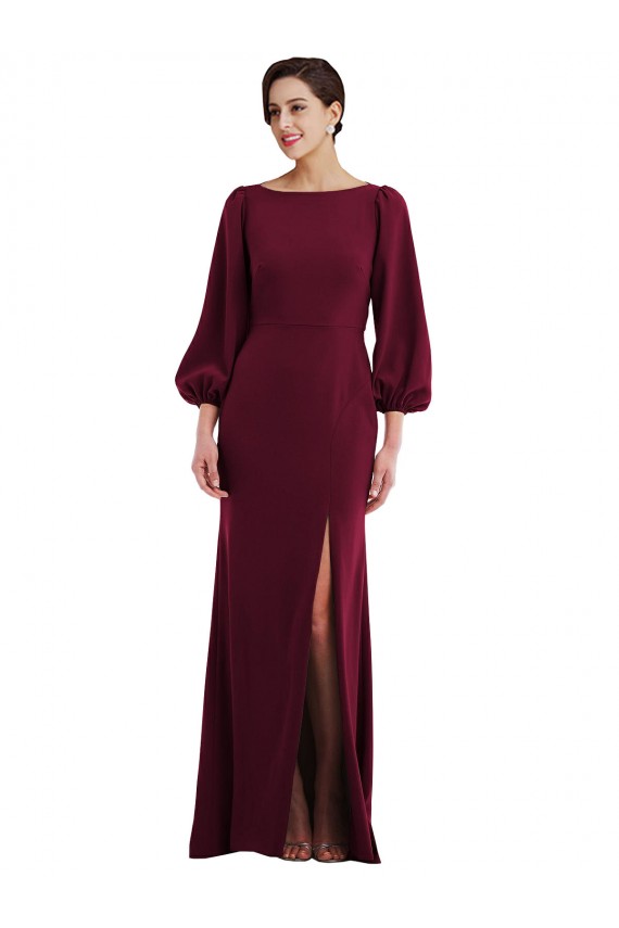 Long Long Sleeves Stretch Crepe Burgundy Gold Trumpet Prom Dress Canada Online