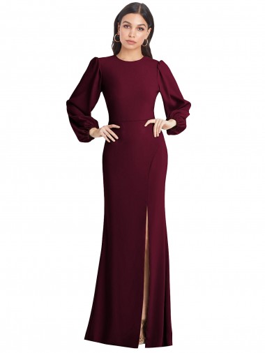 Long Puff Sleeves Stretch Crepe Burgundy Gold Trumpet Prom Dress Canada Online