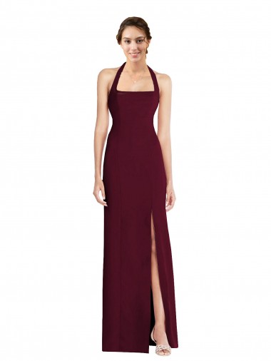 Long Sleeveless Stretch Crepe Burgundy Gold Halter Neck Trumpet Prom Dress Canada Online
