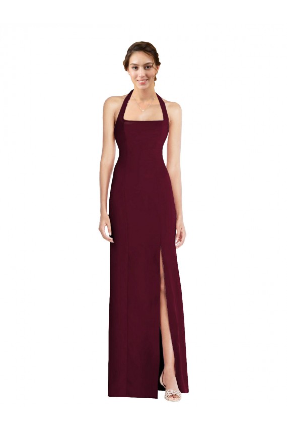 Long Sleeveless Stretch Crepe Burgundy Gold Halter Neck Trumpet Prom Dress Canada Online