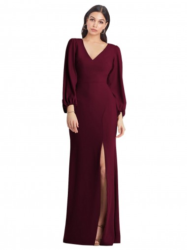 Long Puff Sleeves Stretch Crepe Burgundy Gold Trumpet V-Neck Prom Dress Canada Online