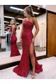 Sweep Train Sleeveless Velvet Sequin Burgundy Mermaid Prom Dress Canada Online