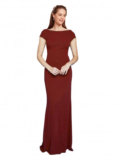 Long Cap Sleeves Stretch Crepe Burgundy Mermaid Prom Dress Canada Online
